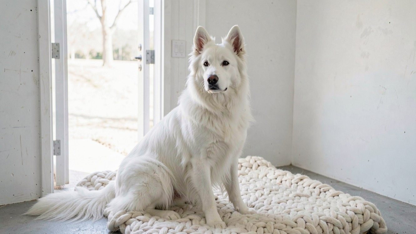 Berger blanc suisse adulte à robe entièrement blanche, oreilles dressées et truffe noire, assis sur une couverture épaisse dans un box de refuge propre et lumineux, regard porté vers l’objectif
