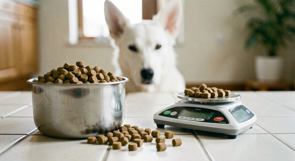 Gamelle inox remplie de croquettes posée sur un carrelage clair, croquettes pesées sur une balance de cuisine, tête floue d’un chien blanc à oreilles dressées en triangle et truffe noire à l’arrière-plan