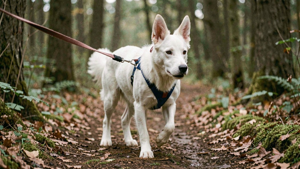 Berger blanc suisse à robe entièrement blanche en pleine traction dans un harnais de canicross sur un chemin forestier, oreilles dressées, truffe noire tendue vers l’avant, ligne élastique tendue hors du cadre