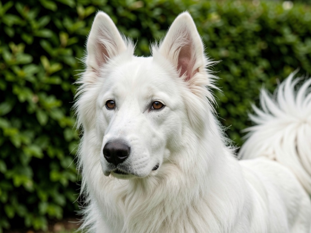Tête de berger blanc suisse de trois quarts, oreilles dressées en triangle allongé, yeux bruns en amande, truffe noire, poil blanc dense sur un fond de haie floue