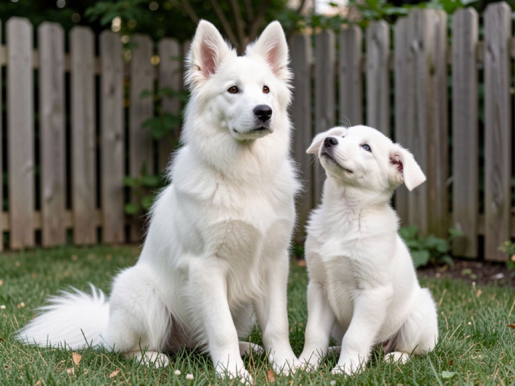 Chiot berger blanc à robe blanche, oreilles encore à demi tombantes et truffe noire, assis dans l’herbe courte d’un jardin clôturé, regard levé vers un berger blanc suisse adulte à robe blanche assis à ses côtés
