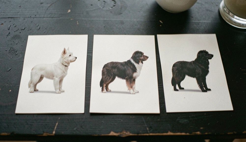 Trois fiches imprimées alignées sur une table sombre, chacune montrant la silhouette d’un chien de berger, la première à robe blanche et oreilles dressées