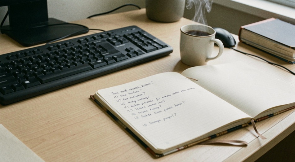Bureau de bois clair avec un clavier, une tasse fumante et un carnet ouvert portant une liste de questions écrites au stylo