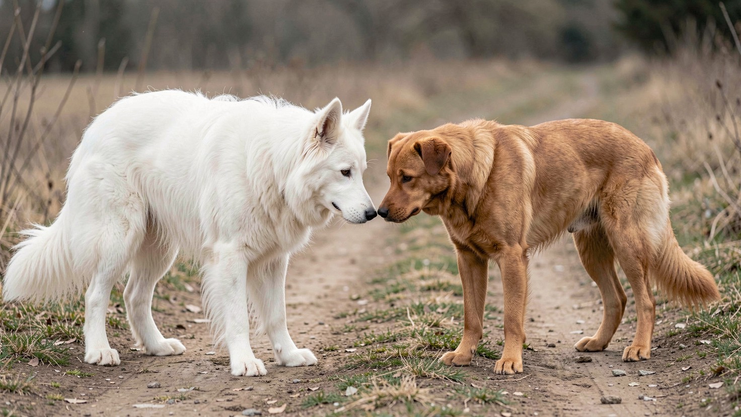 Berger blanc suisse à robe blanche et oreilles dressées, truffe noire, face à un chien brun de taille moyenne sur un chemin de terre, corps détendus et queues basses