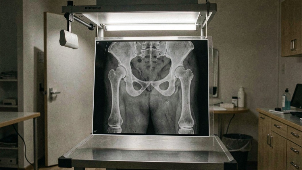Cliché radiographique en noir et blanc du bassin d’un grand chien, longs fémurs parallèles et articulations de hanches larges visibles, accroché devant une rampe de lecture allumée dans une salle de consultation sombre, silhouette canine reconnaissable sur le film