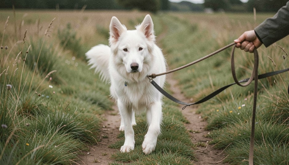 Un grand chien de berger au poil long d’un blanc uniforme, oreilles dressées elles aussi entièrement blanches, truffe noire, marchant au bout d’une laisse longue tendue sur un chemin herbeux, main du manieur tenant la laisse au bord du cadre