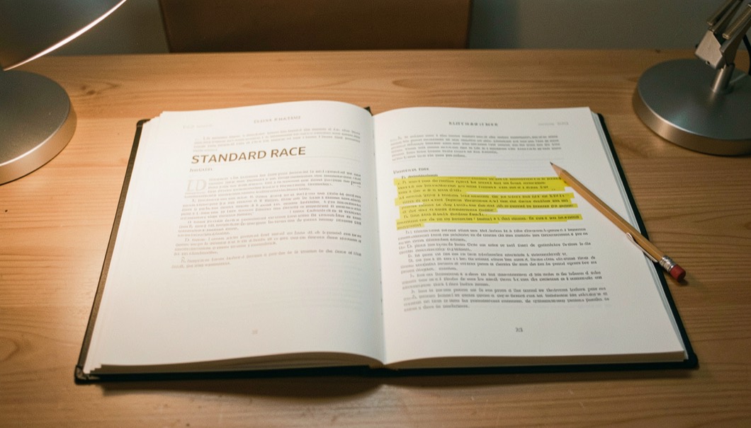 Texte de standard de race imprimé et ouvert à plat sous une lampe de bureau, surlignage jaune sur un paragraphe de la page de droite, crayon posé dans la reliure