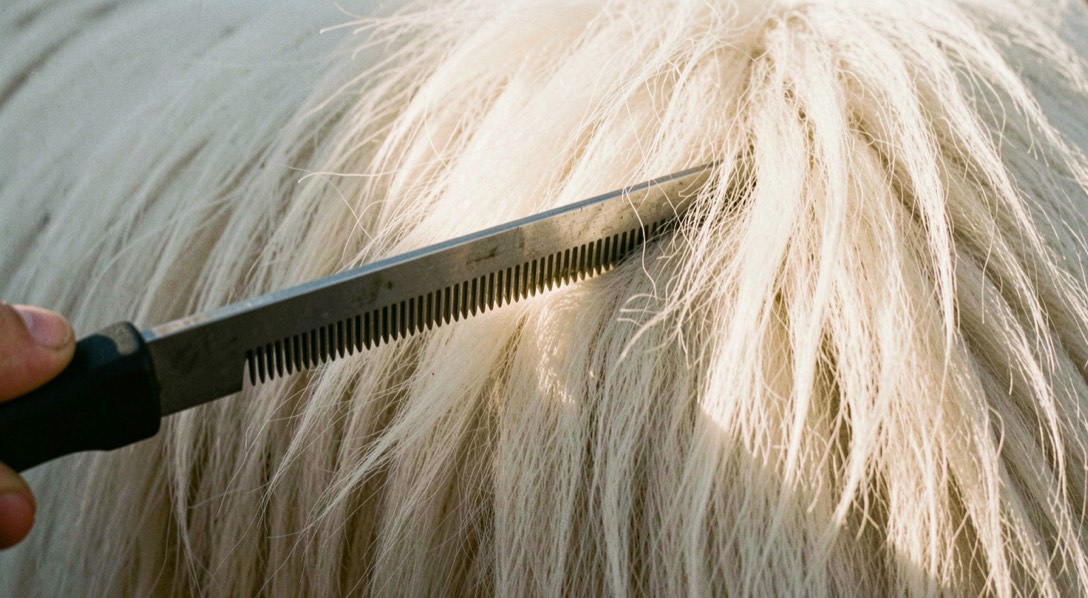 Peigne métallique à dents serrées écartant le poil long et dense d’un chien de berger à robe entièrement blanche, sous-poil épais apparent sous le poil de couverture, lumière latérale rasante