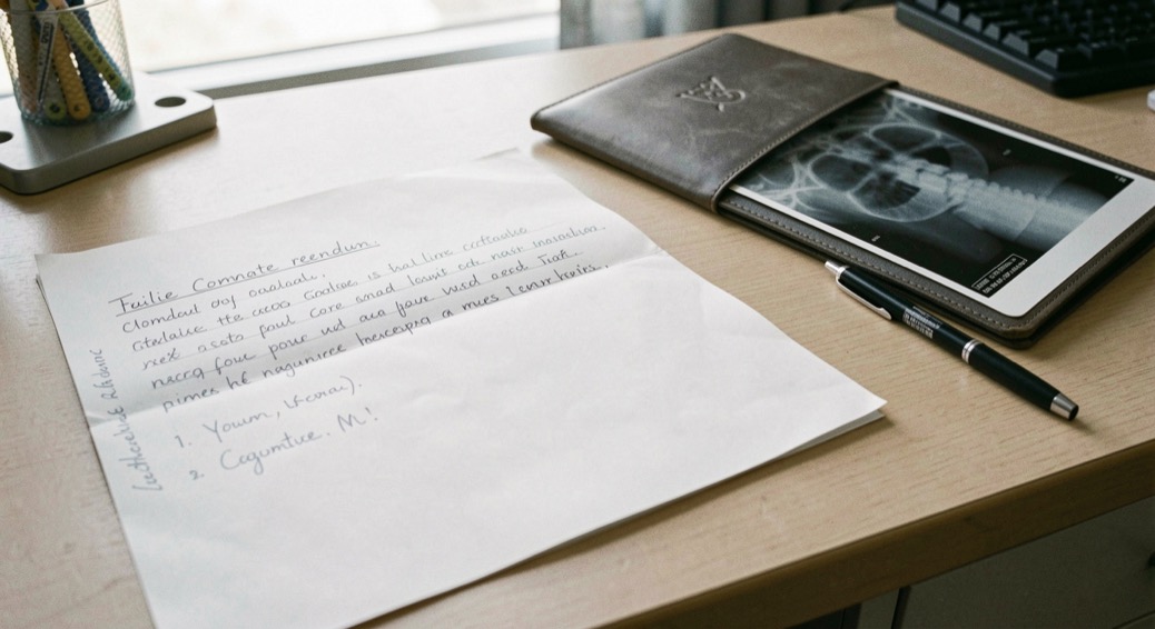 Feuille de compte rendu manuscrit posée à plat sur un bureau de vétérinaire, annotations au crayon dans la marge, tablette glissée dans un étui de cuir affichant un cliché radiographique et stylo à côté