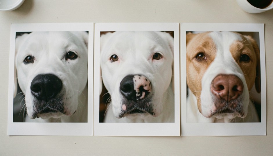 Trois tirages photographiques alignés côte à côte sur une table claire, trois museaux de chiens à poil entièrement blanc, le premier avec une truffe d’un noir profond et uniforme, le deuxième avec une truffe noire traversée d’une bande centrale plus pâle, le troisième avec une truffe brun clair, bords blancs du papier, lumière du matin
