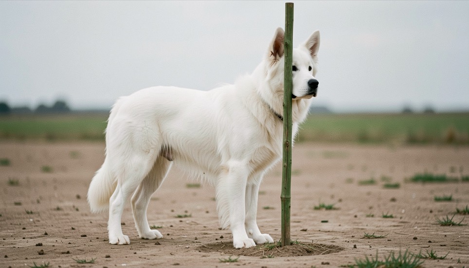 Un chien de type berger allemand à robe entièrement blanche, oreilles dressées en triangle et truffe noire, debout bien en statique à côté d’une baguette de bois verticale plantée dans un sol plat, poitrail garni de longs poils