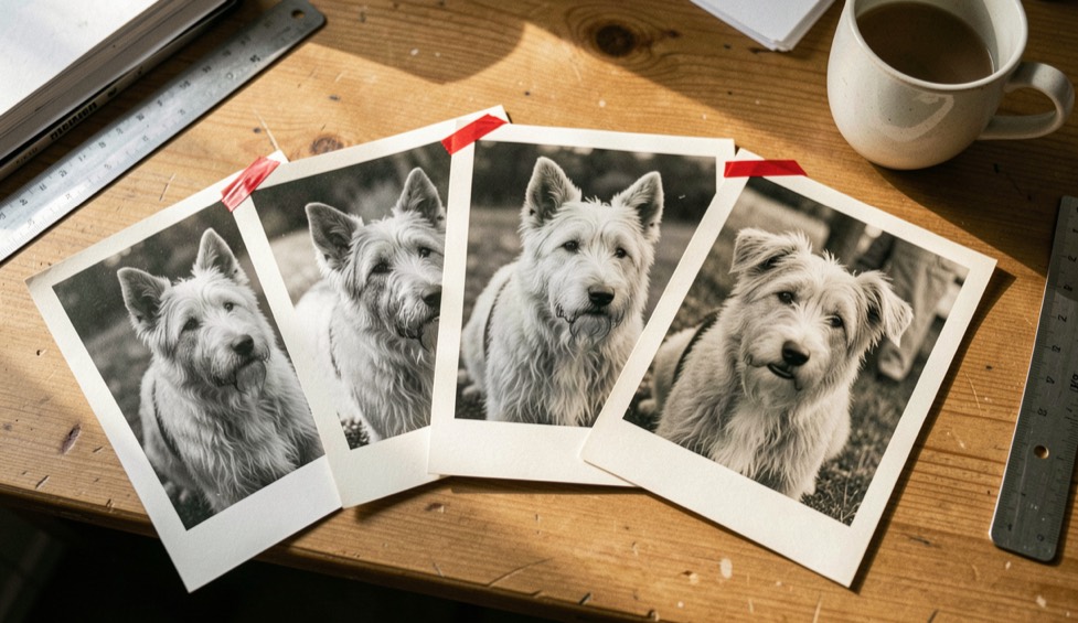 Photographies anciennes en noir et blanc de grands chiens de berger au poil clair et aux oreilles dressées, posées en éventail sur un bureau de bois, coins de plusieurs tirages marqués d’un ruban adhésif rouge, règle métallique et tasse posées à côté, lumière rasante