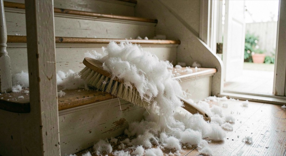 Brosse débordante de bourre blanche posée sur le marche-pied d’un escalier, flocons de sous-poil accumulés au sol autour, lumière naturelle d’une porte ouverte