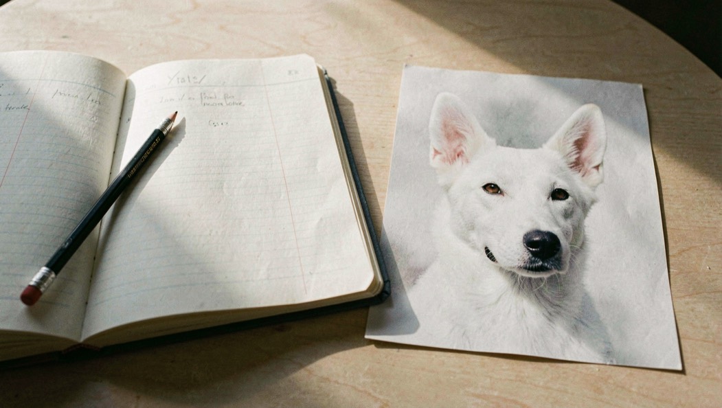 Carnet de notes ouvert et crayon posé sur une table de bois clair, un tirage papier d’un chien blanc à oreilles dressées en triangle et truffe noire posé à côté, lumière rasante de fin de journée