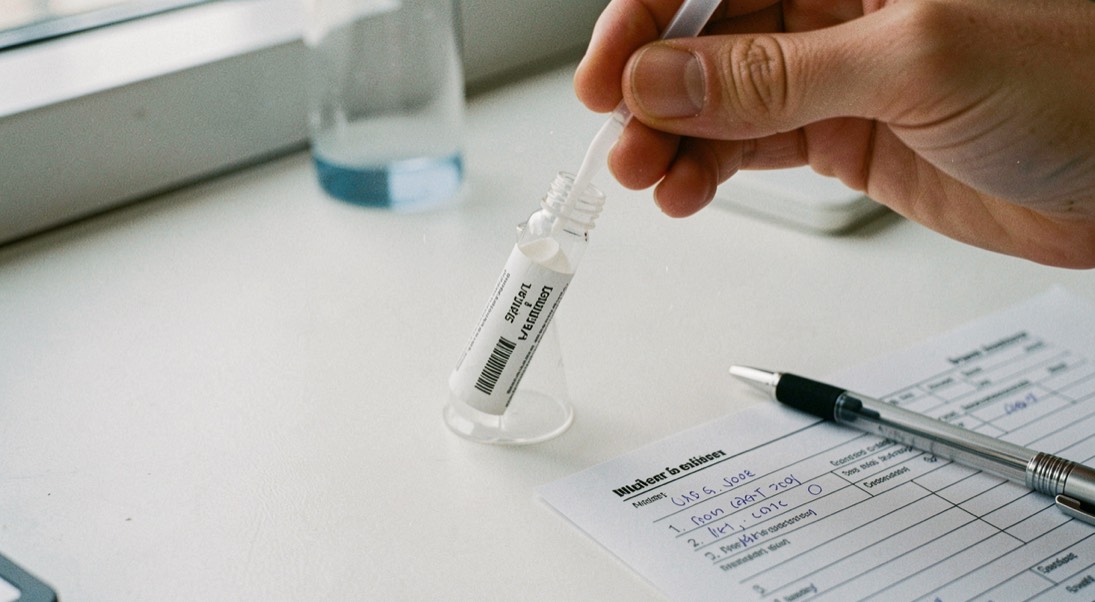 Écouvillon de prélèvement buccal tenu au-dessus d’un tube étiqueté sur une paillasse blanche, formulaire de laboratoire et stylo posés à côté