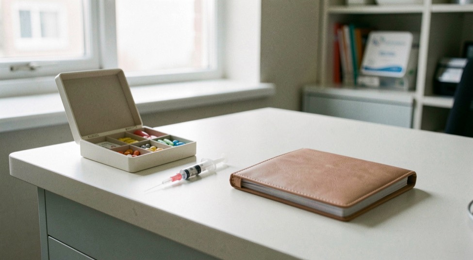 Comptoir clair d’un cabinet vétérinaire avec un pilulier ouvert, une seringue encore emballée et un carnet de santé à couverture souple fermé, lumière douce de fenêtre