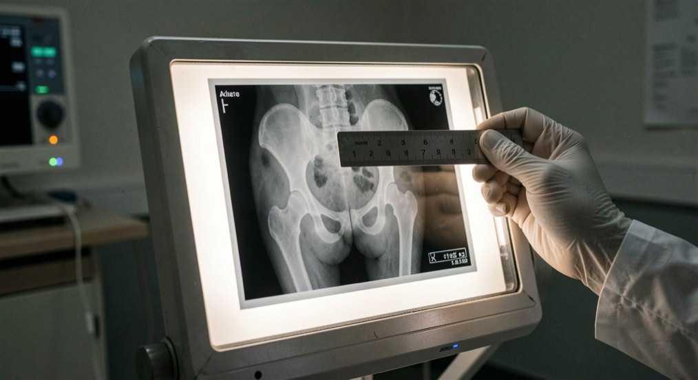 Salle de radiologie vétérinaire sombre, cliché radiographique en noir et blanc du bassin d’un chien accroché sur une rampe lumineuse allumée, main gantée tenant une règle de mesure devant le cliché