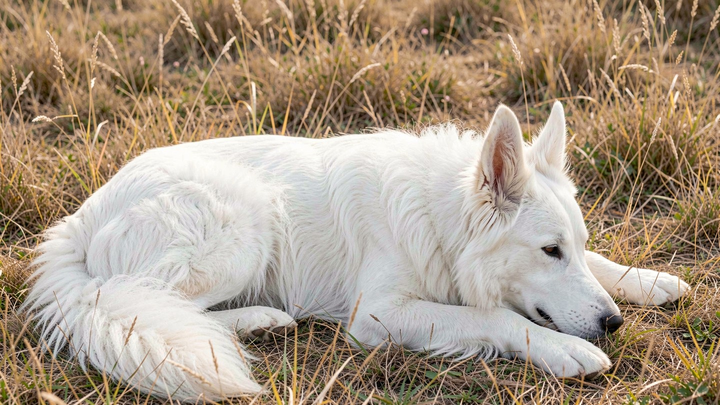 Berger blanc suisse à robe blanche couché sur le flanc dans l’herbe sèche, oreilles dressées basculées en arrière, truffe noire, museau détendu et paupières mi-closes