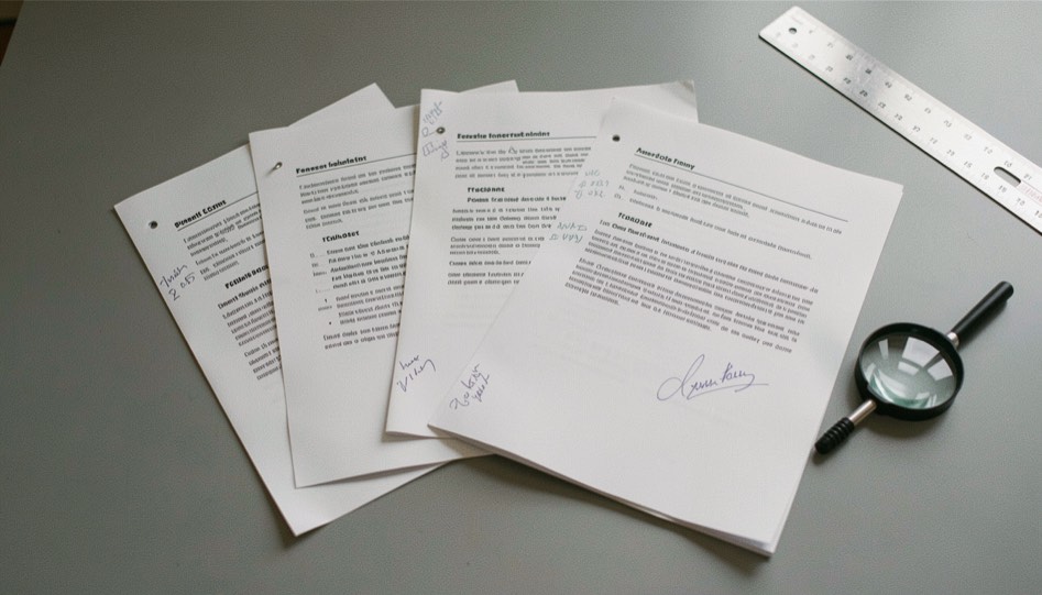Documents imprimés et agrafés posés en éventail sur un bureau gris, marges annotées au crayon, règle métallique et loupe posées à côté
