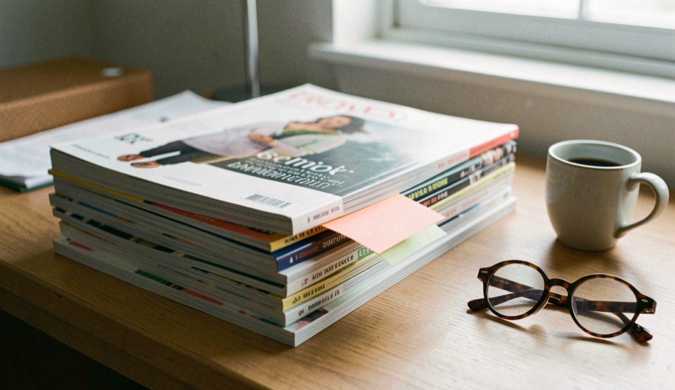 Pile de magazines fermés posée sur une table de rédaction, un repère de papier coloré dépassant du premier exemplaire, tasse et lunettes à côté, lumière douce de bureau