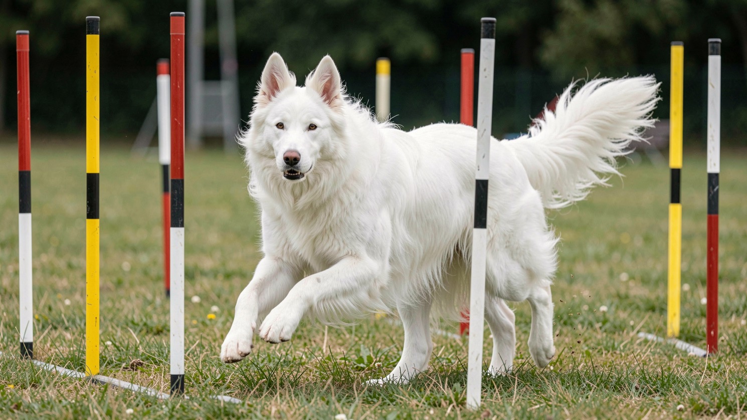 Berger blanc suisse à robe blanche et oreilles dressées franchissant un slalom de piquets sur un terrain d’agility en herbe, truffe noire, foulée en pleine action