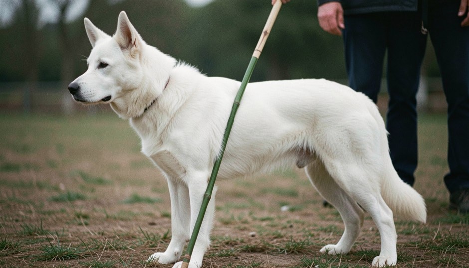 Chien de type berger allemand à robe entièrement blanche, oreilles dressées en triangle et truffe noire, debout bien en statique pendant qu’une baguette de bois verticale est appliquée contre son flanc jusqu’au garrot